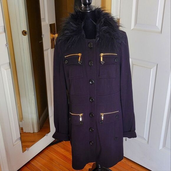 INC BLACK KNIT COAT W/ REMOVABLE FUR COLLAR - Picture 1 of 7